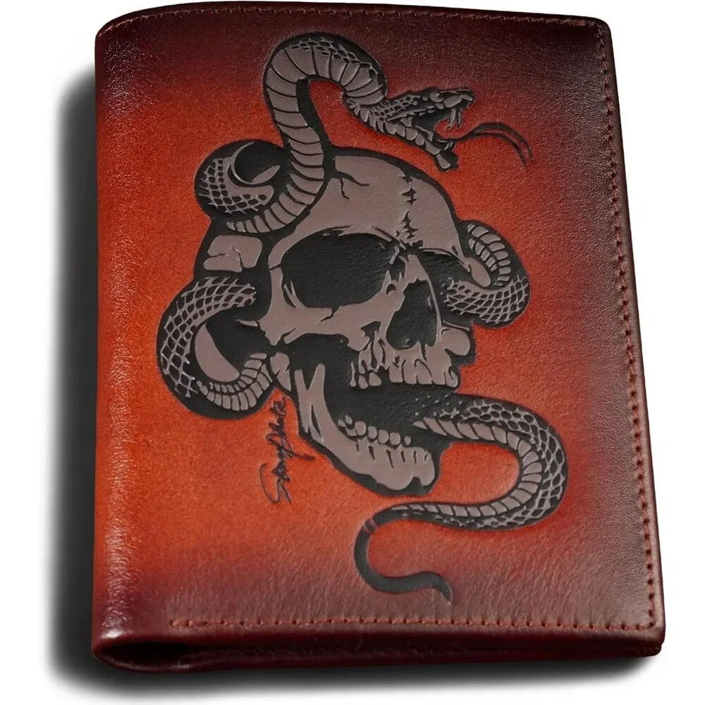 Men's Brown Bi Fold,skull Vertical,rfid Blocking Retro Skull Wallet Leather